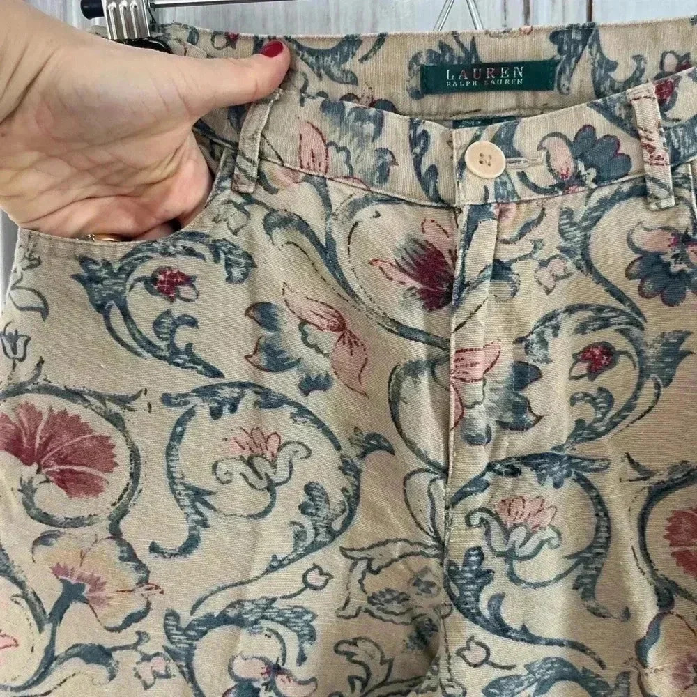 LAUREN RALPH LAUREN Cropped Linen Cotton Floral Print pant 4 cottage prep - Picture 3 of 9